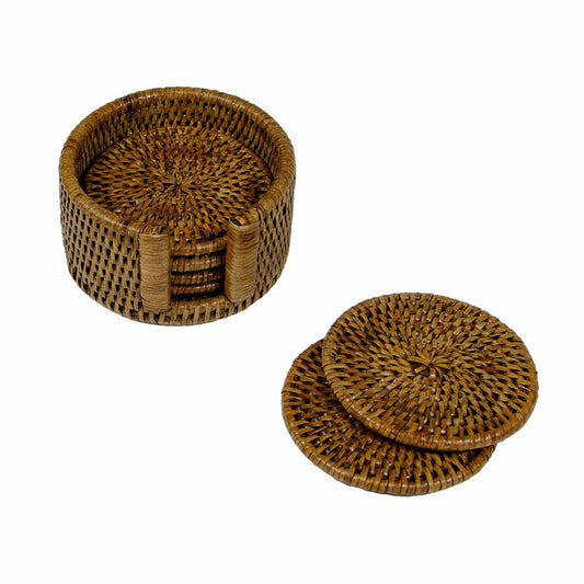 Rattan Round Coaster with Holder - Set of 6